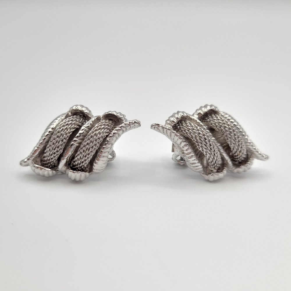Continental Signed Rope Knot Clip-On Earrings Silver Tone Vintage